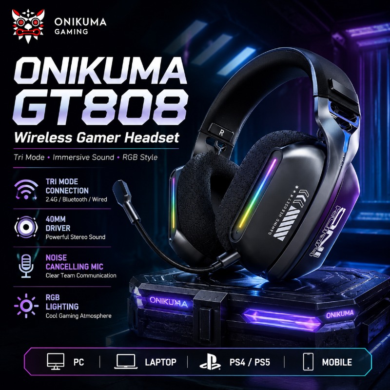 Pc Gaming Earphones - ONIKUMA GT808 ワイヤレスゲーミングヘッドセットトライモード Bluetooth 2.4GHz RGB